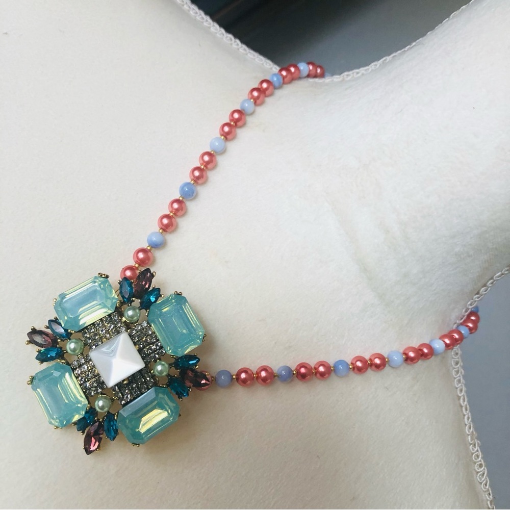 Handcrafted repurpose glass stone pendant Czech glass Pearl necklace